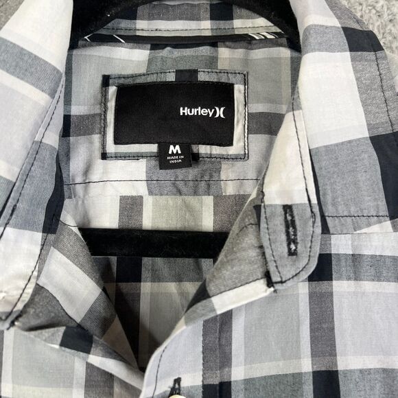 Hurley Shirt Men Medium Black Gray Plaid Button Casual Flap Pocket Surfer Skater - Picture 3 of 10